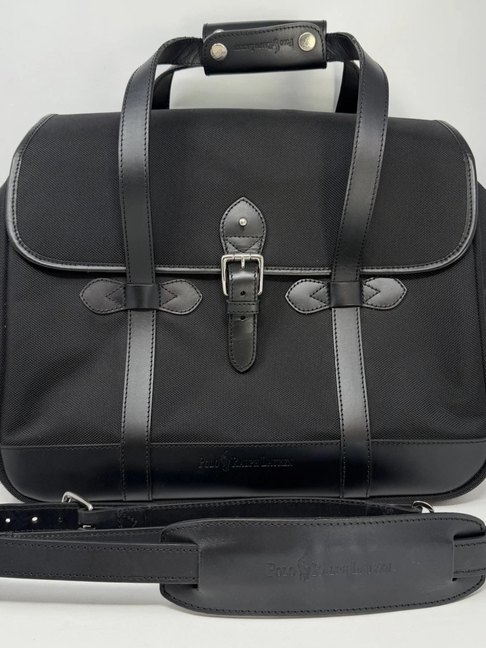 NWOT- Polo by Ralph Lauren Black Nylon Messenger with Leather Trim